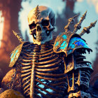 Skeleton warrior in ornate armor amidst bleak landscape with skull-adorned helmet
