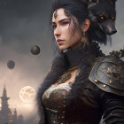 Female warrior and wolf in elaborate armor against moody castle backdrop