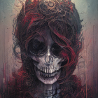 Detailed half-human, half-skeleton face with dark curly hair and light effects.