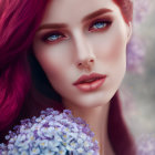 Portrait of woman with magenta hair, blue eyes, and bouquet of purple flowers