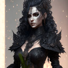 Elaborate dark fantasy costume with horns and gothic attire against fiery backdrop