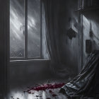 Dark Room with Stormy Sky Window, Tattered Curtains, Rose Petals, and Draped
