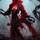 Dark Fantasy Scene: Female Figure with Swirling Dark and Red Tendrils