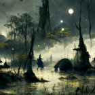 Eerie moonlit graveyard with twisted trees
