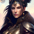 Fantasy warrior woman portrait with cat ears and elaborate armor