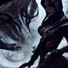 Dark, mystical figure in elaborate armor with swirling shadows and ethereal energy.