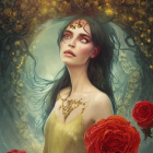 Ethereal woman in golden headdress and attire with red roses in ornate frame
