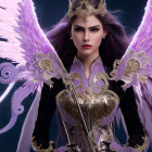Majestic female figure in golden armor with purple wings and tentacled creature
