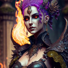 Purple-skinned female character with fiery eyes, holding a flame, in dark ornate armor and feathers