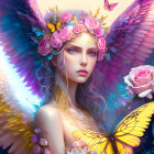 Colorful Butterfly Winged Woman with Floral Crown and Butterflies - Fantasy Illustration