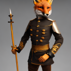 Military uniformed anthropomorphic fox with rifle and medals on grey background