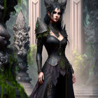 Dark Fantasy Armor Woman Poses Regally Against Ornate Backdrop