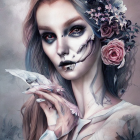 Pale woman with dark eye makeup and red lips styled as gothic fantasy figure with skull in misty