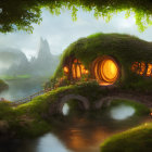 Tranquil fantasy landscape with hobbit-style house by river at dusk