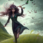Mystical witch with purple hair in grassy field with wand and butterflies under stormy sky