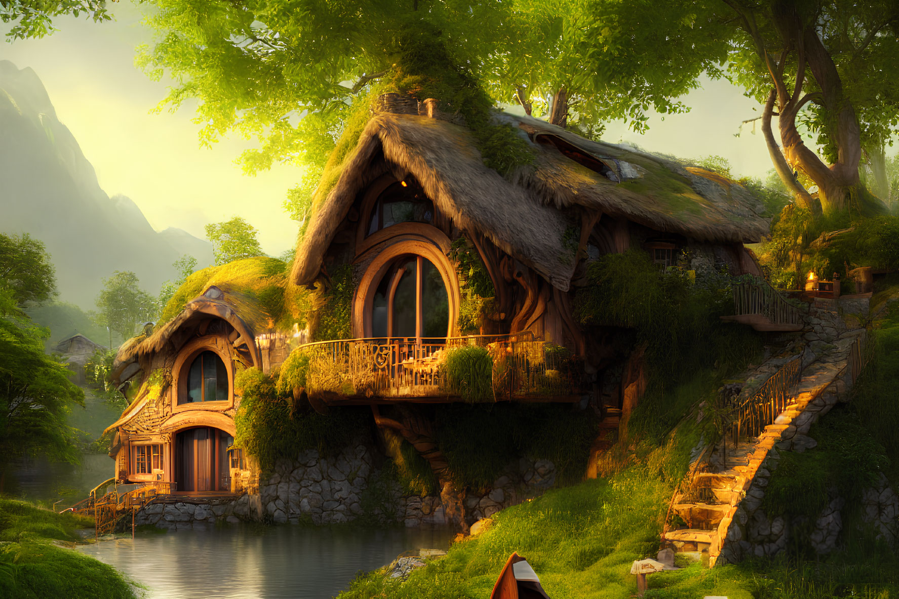 Charming fantasy cottage with thatched roofs in serene lakeside setting
