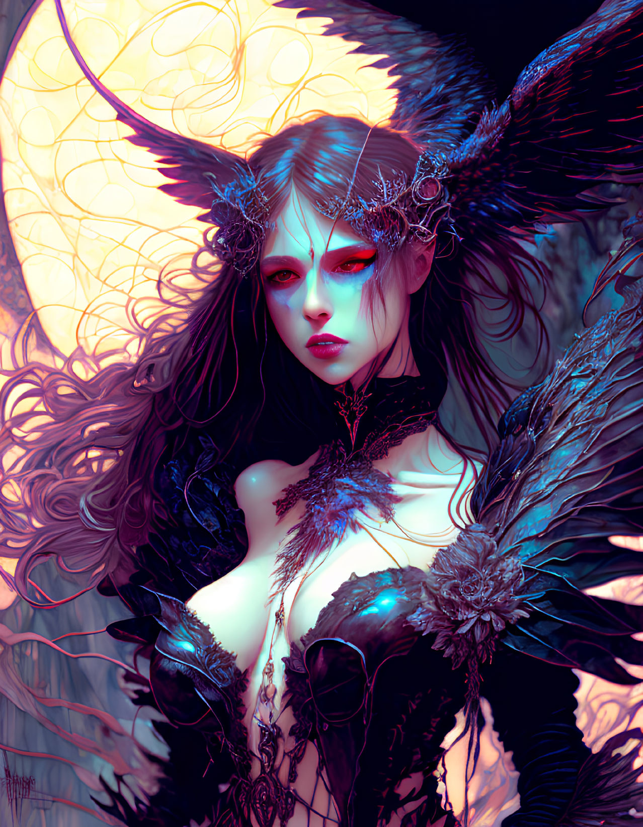 Fantastical female figure with ornate horns and dark wings in moonlit backdrop