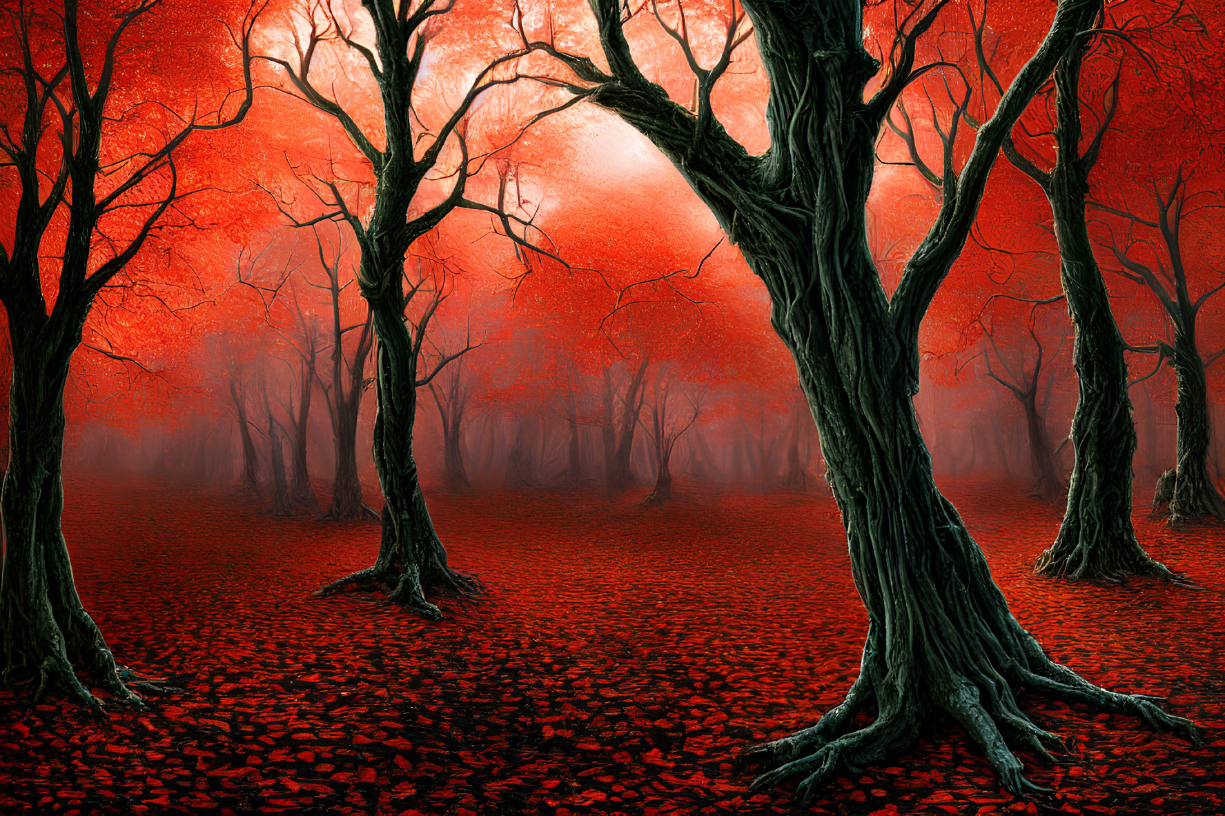 Twisted red forest with fallen leaves and glowing backdrop