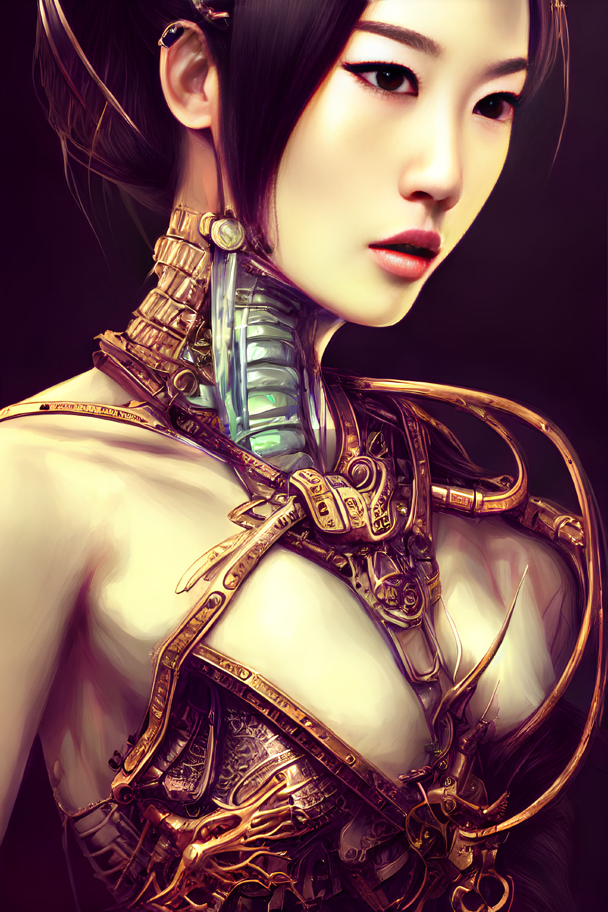 Woman with Cybernetic Neck and Shoulder Enhancements in Gold and Brass