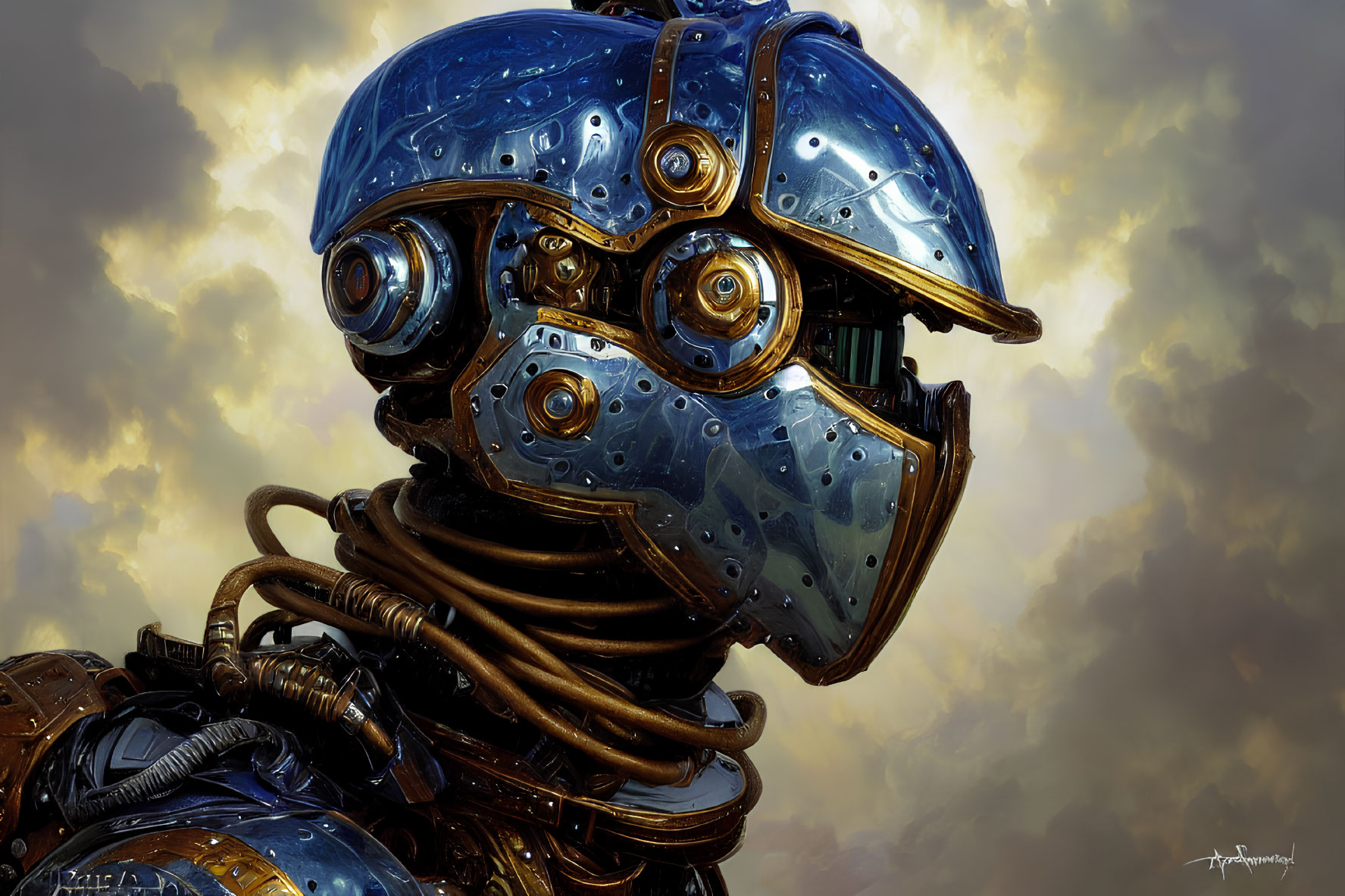 Robotic head with blue helmet and intricate designs against cloudy sky.