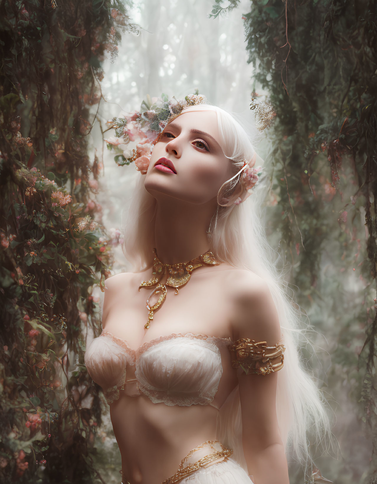 White-haired person with elf-like ears in misty forest with flowers and gold jewelry