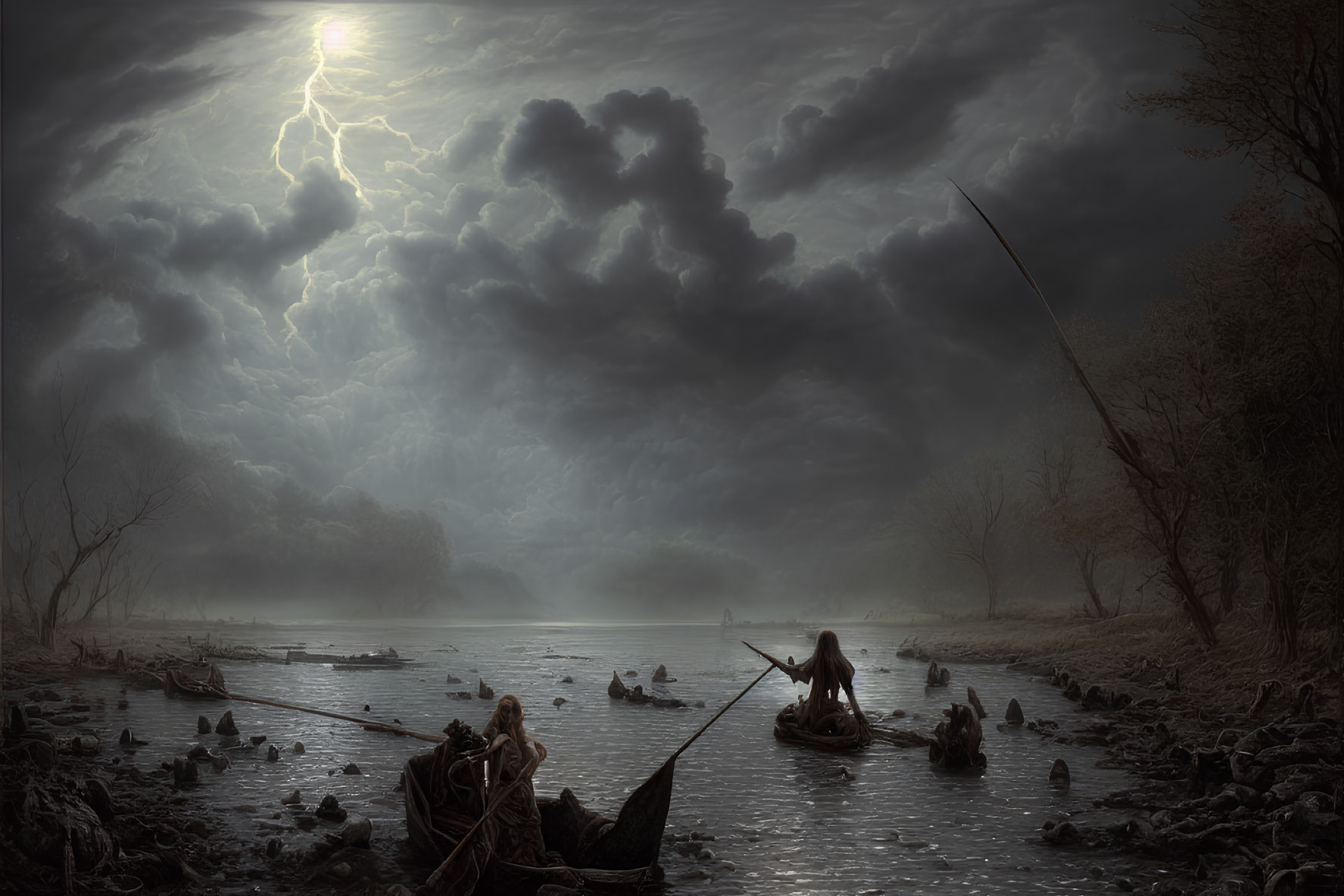 Nighttime river scene with boats under stormy sky.