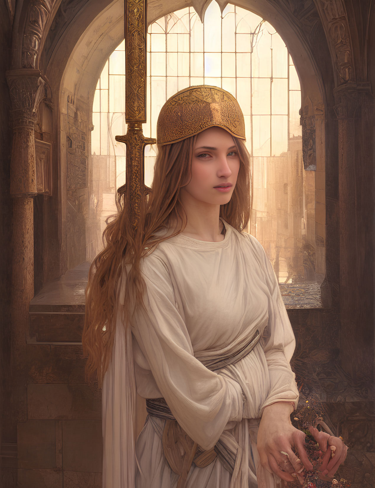 Medieval woman in gold crown holding scepter in cathedral