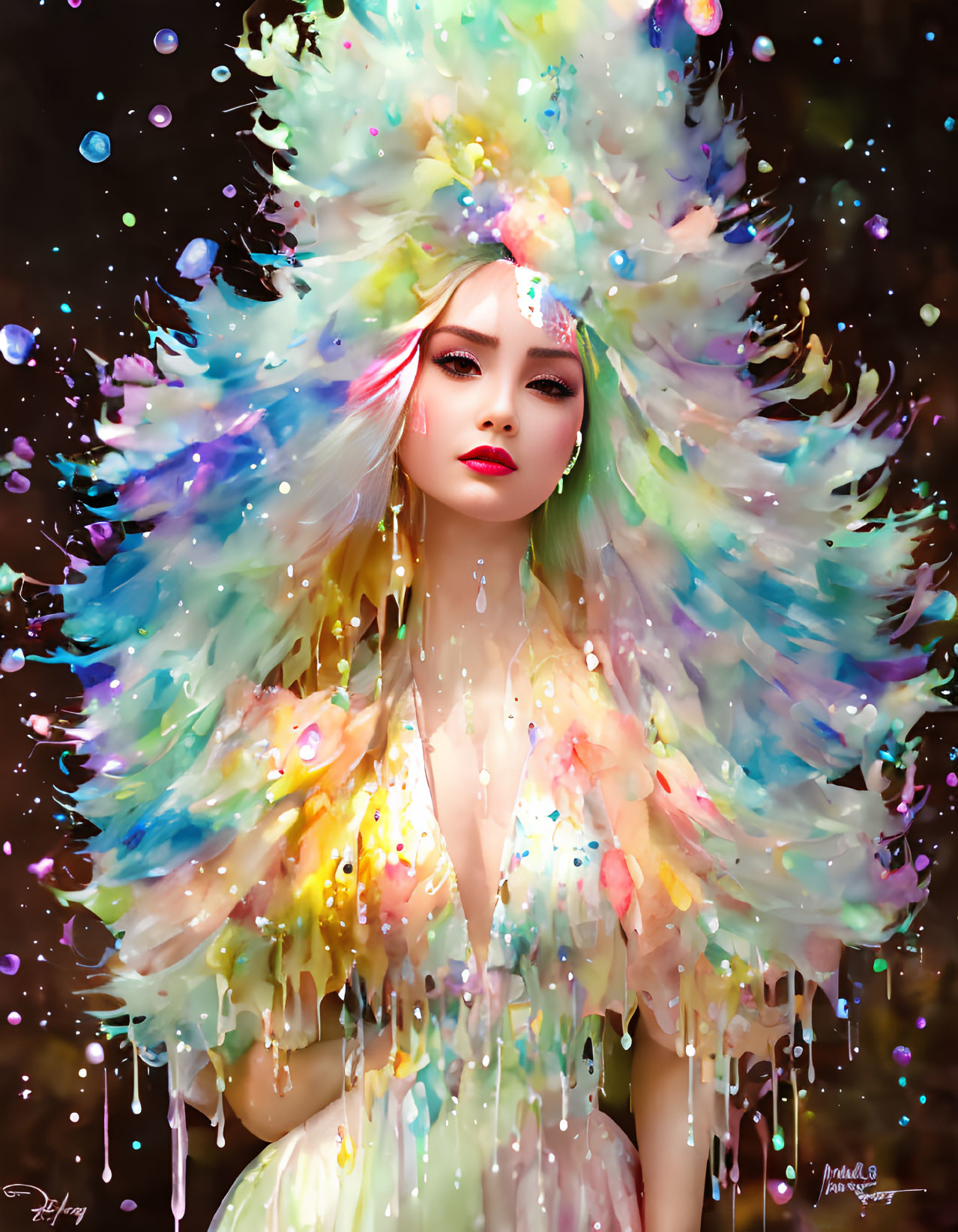 Colorful streaked paint-like hairstyle on a woman with striking makeup and mystical attire