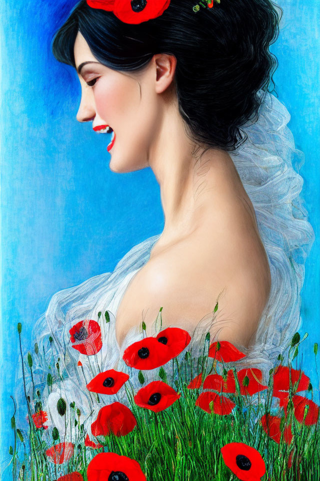 Woman with Black Hair and Red Flowers Smiling on Blue Background