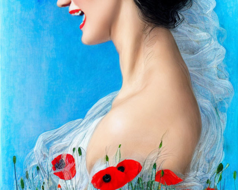 Woman with Black Hair and Red Flowers Smiling on Blue Background