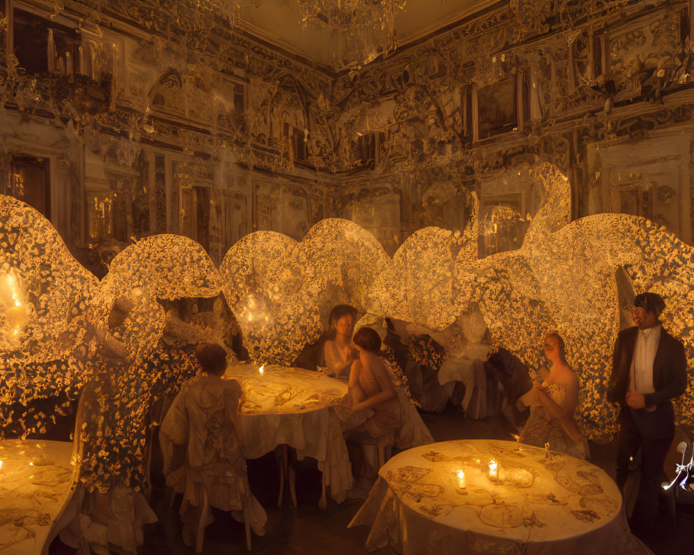 Luxurious Baroque-themed room with elegant guests and illuminated floral sculptures