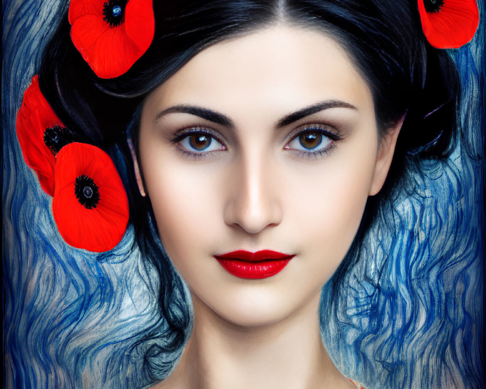 Striking blue hair woman with red poppies on rich blue background