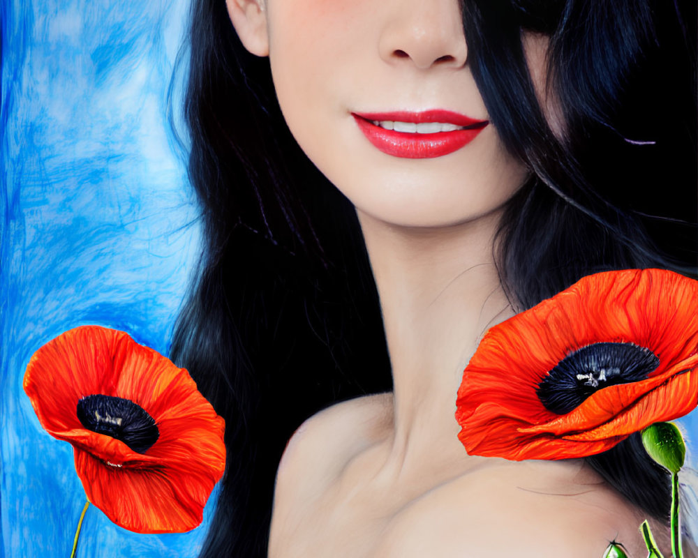 Dark-haired woman with red lipstick among red poppies and green frog on blue backdrop