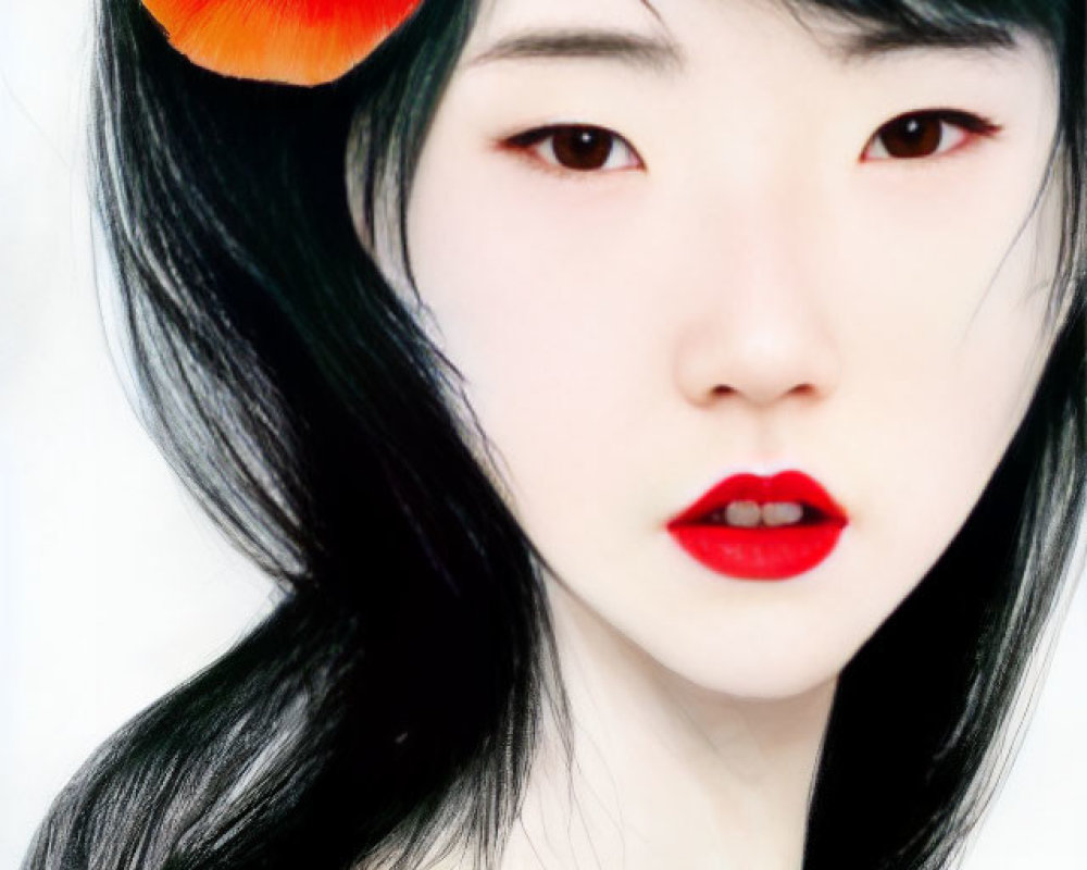 Digitally altered portrait of woman with red flower eyes and flowing black hair