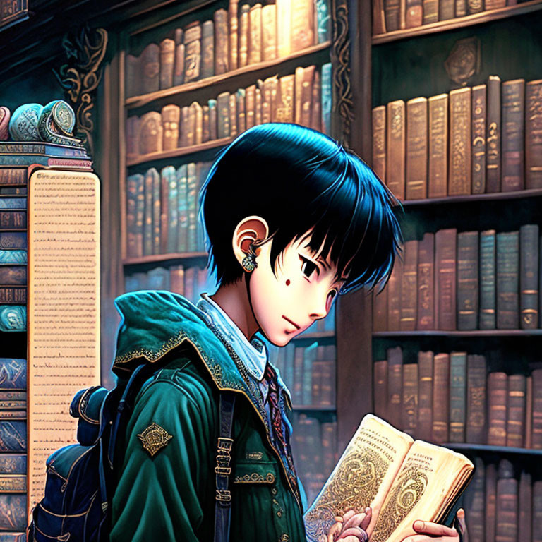 Short-Haired Animated Character Reading Book in Ancient Tome-Filled Library