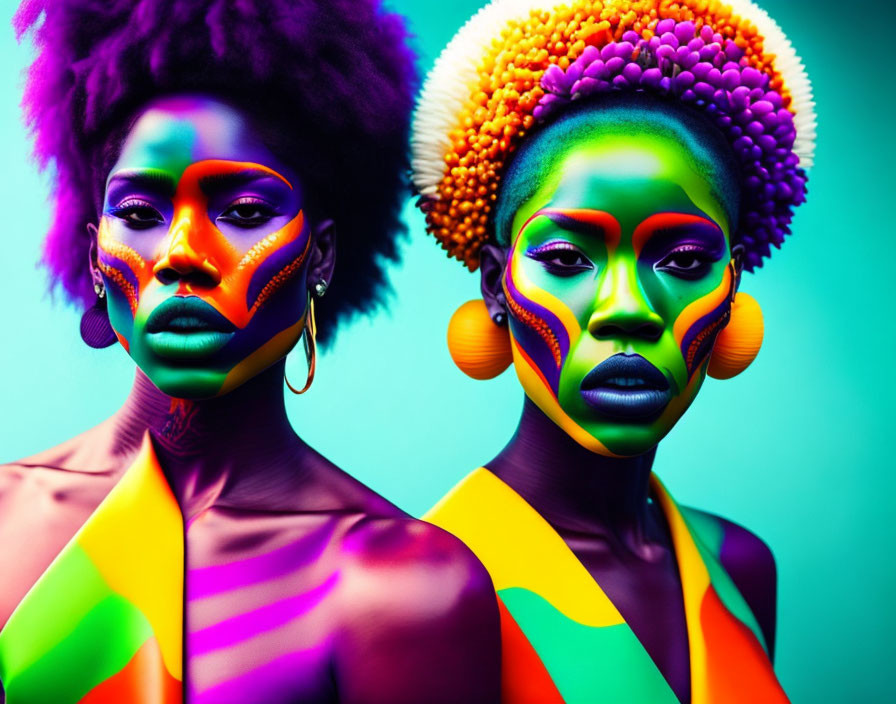 Vibrant body paint and colorful headpieces on two individuals.
