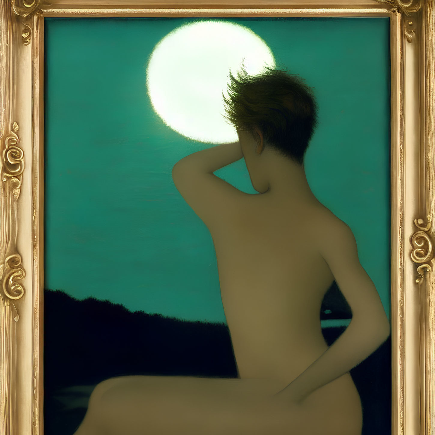 Person admiring full moon in turquoise sky with golden borders