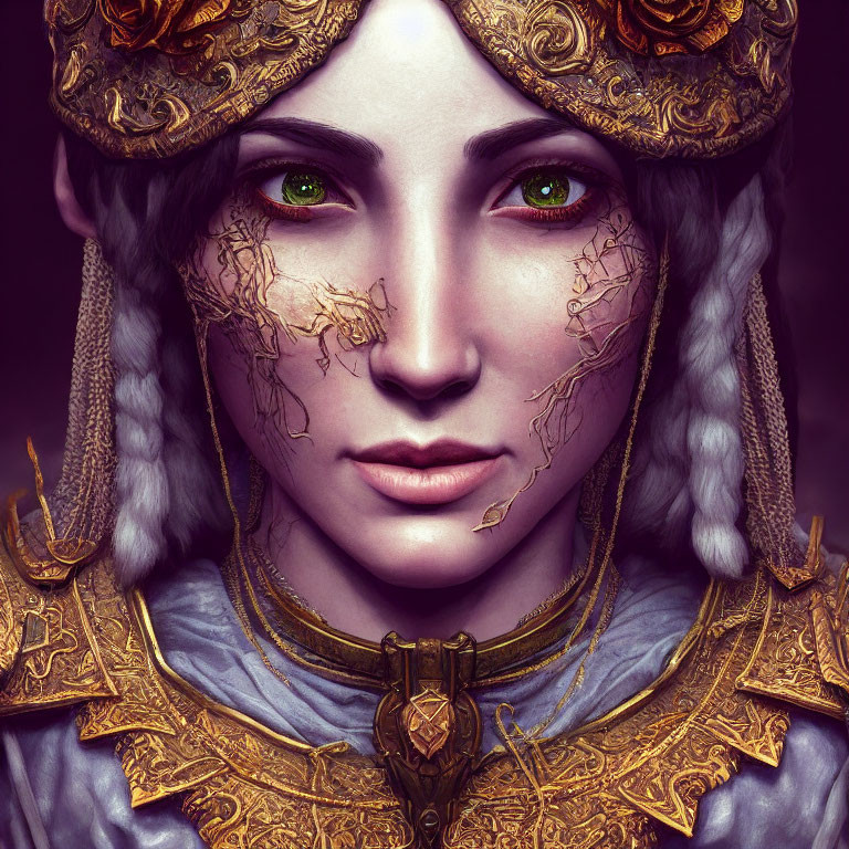 Portrait of woman with green eyes, gold headpiece, cracked skin, purple garment.