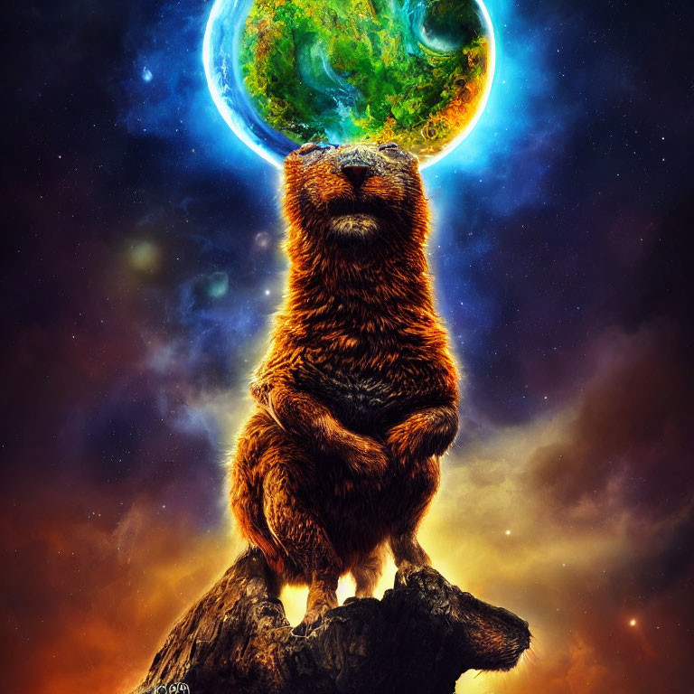 Majestic marmot on craggy peak under cosmic backdrop