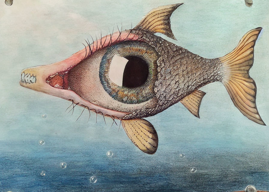Surreal artwork: fish with detailed human eye as head