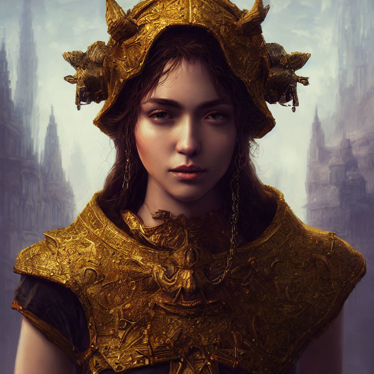 Striking eyes person in golden armor against gothic backdrop