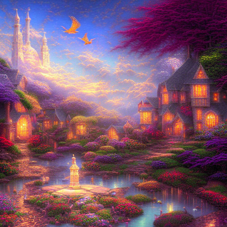 Fantastical landscape with illuminated cottages, castle, and flowering trees