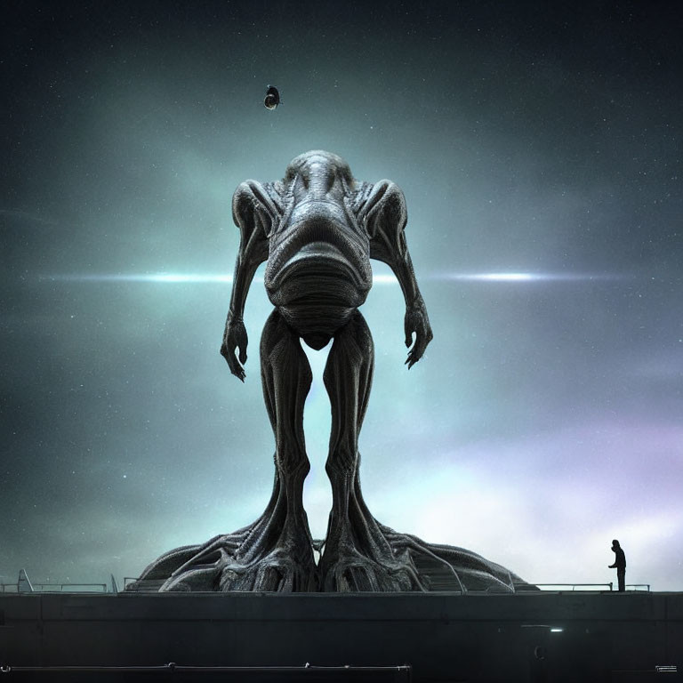 Giant alien creature faces human on platform with spaceship in cosmic scene