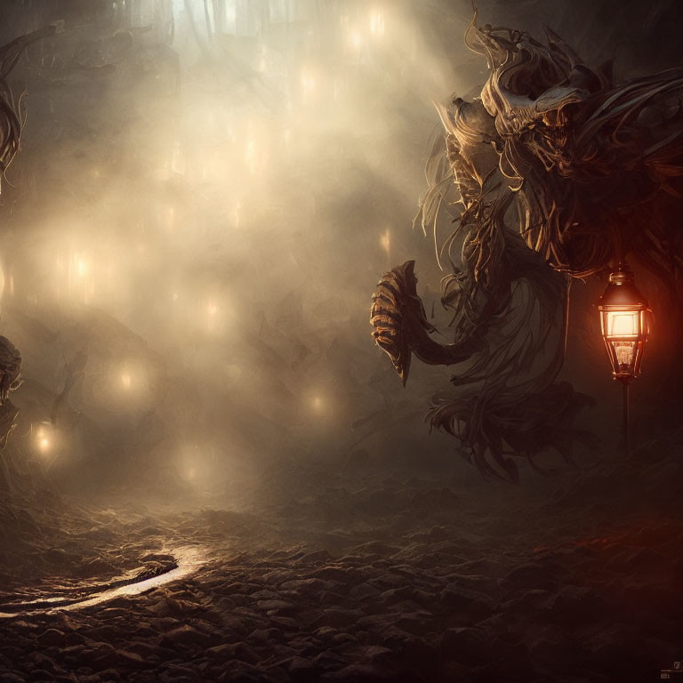 Glowing lantern in eerie fantasy landscape with mist and cobblestone path