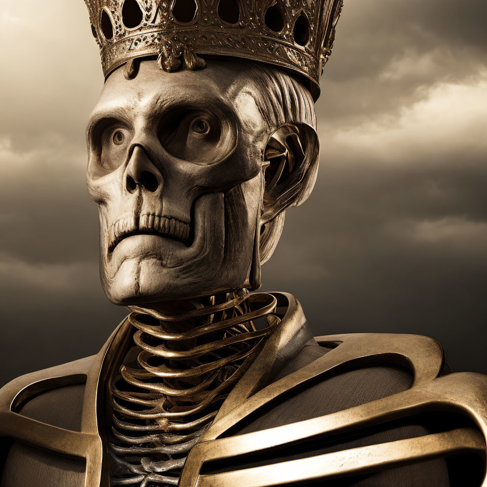 Regal skeletal figure in golden armor under dramatic sky