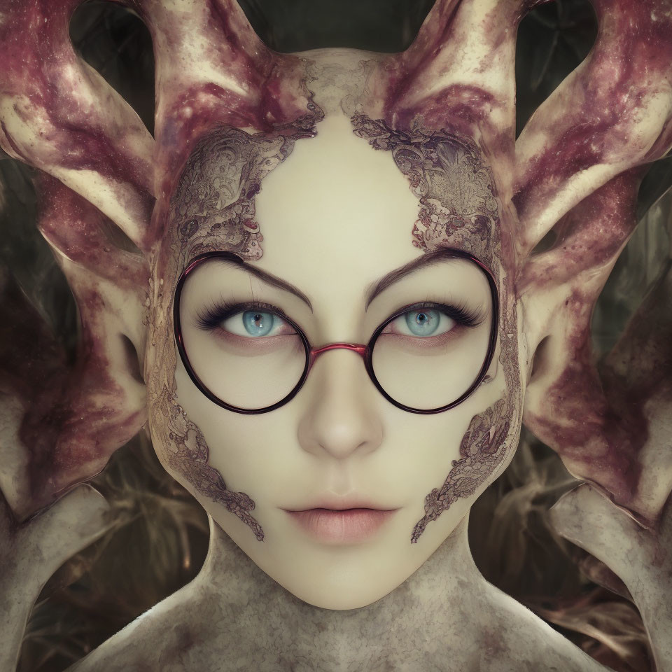 Portrait of a person with ornate horns, blue eyes, facial tattoos, and glasses