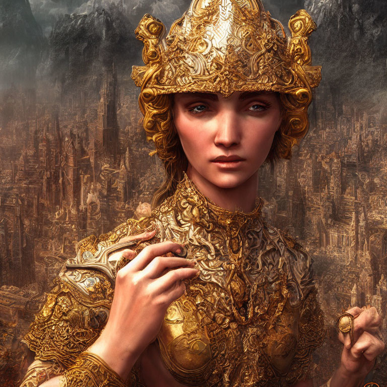 Blue-eyed woman in ornate gold armor against detailed cityscape and mountains.