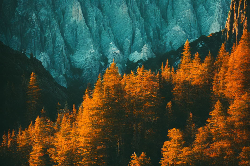 Vibrant autumn forest with shadowy mountains