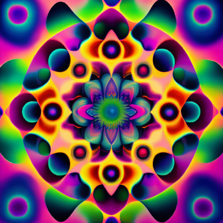 Colorful Psychedelic Fractal with Symmetrical Purple, Orange, and Green Patterns