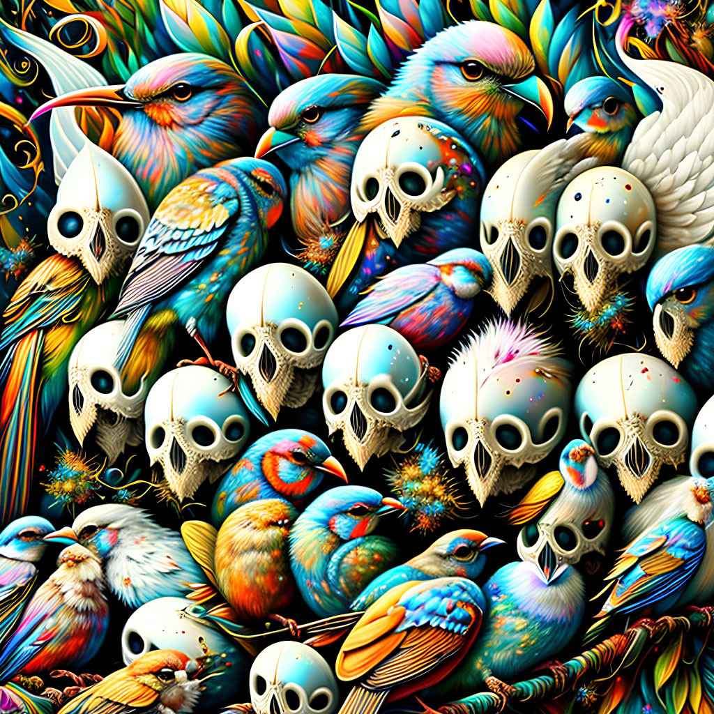 Colorful Psychedelic Bird and Skull Illustration with Detailed Intricacies